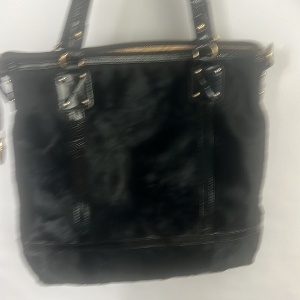 IMAN Faux Fur Glitter Outer Genuine Leather Tote Crossbody tote Bag Black - Picture 4 of 9